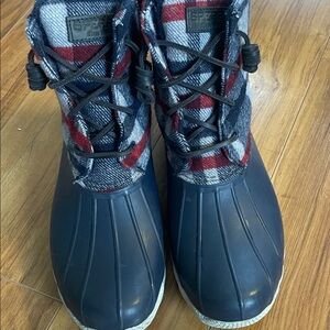 Sperry Navy and Red Plaid Duck Boots